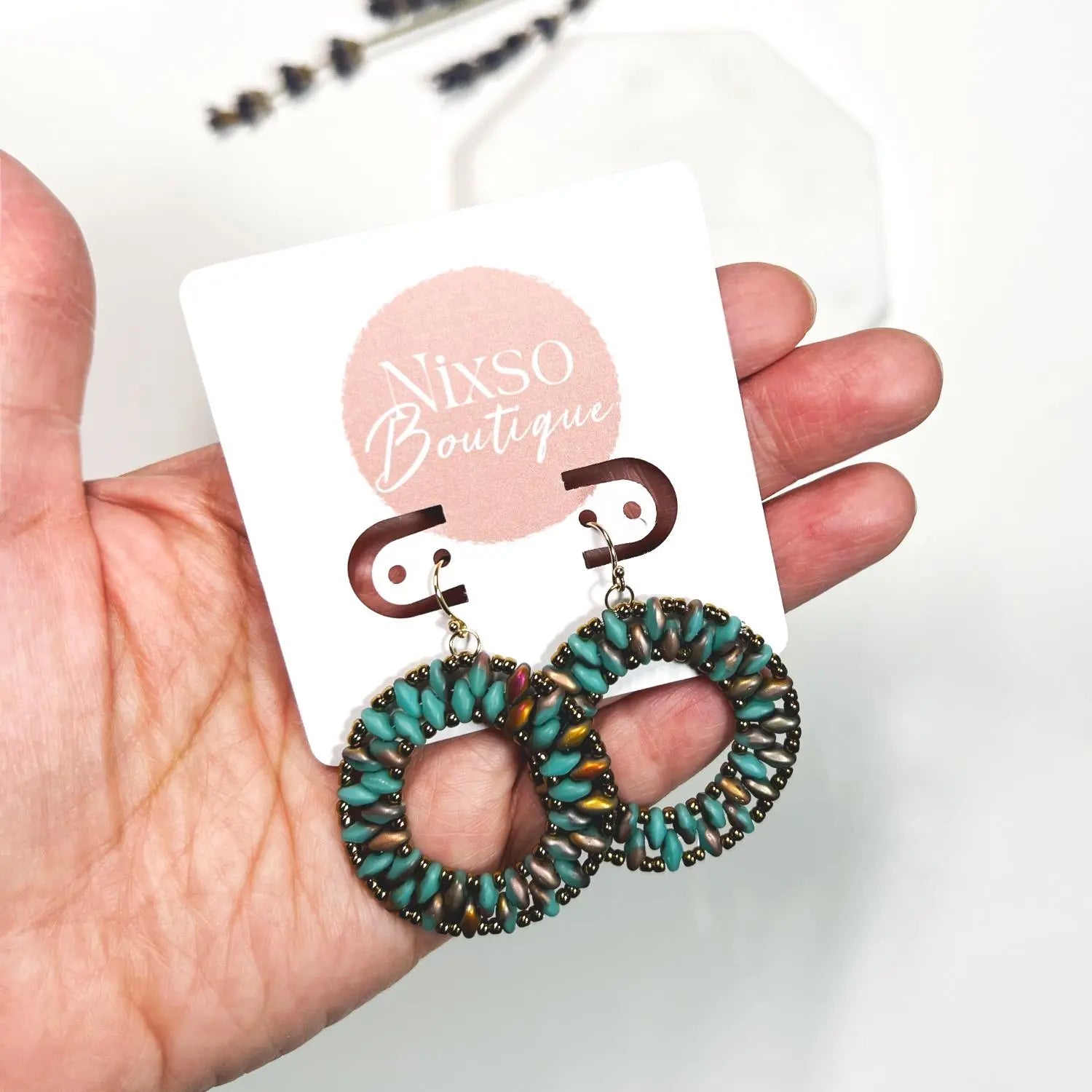 Superduo turquoise bead earrings Nixso Boutique